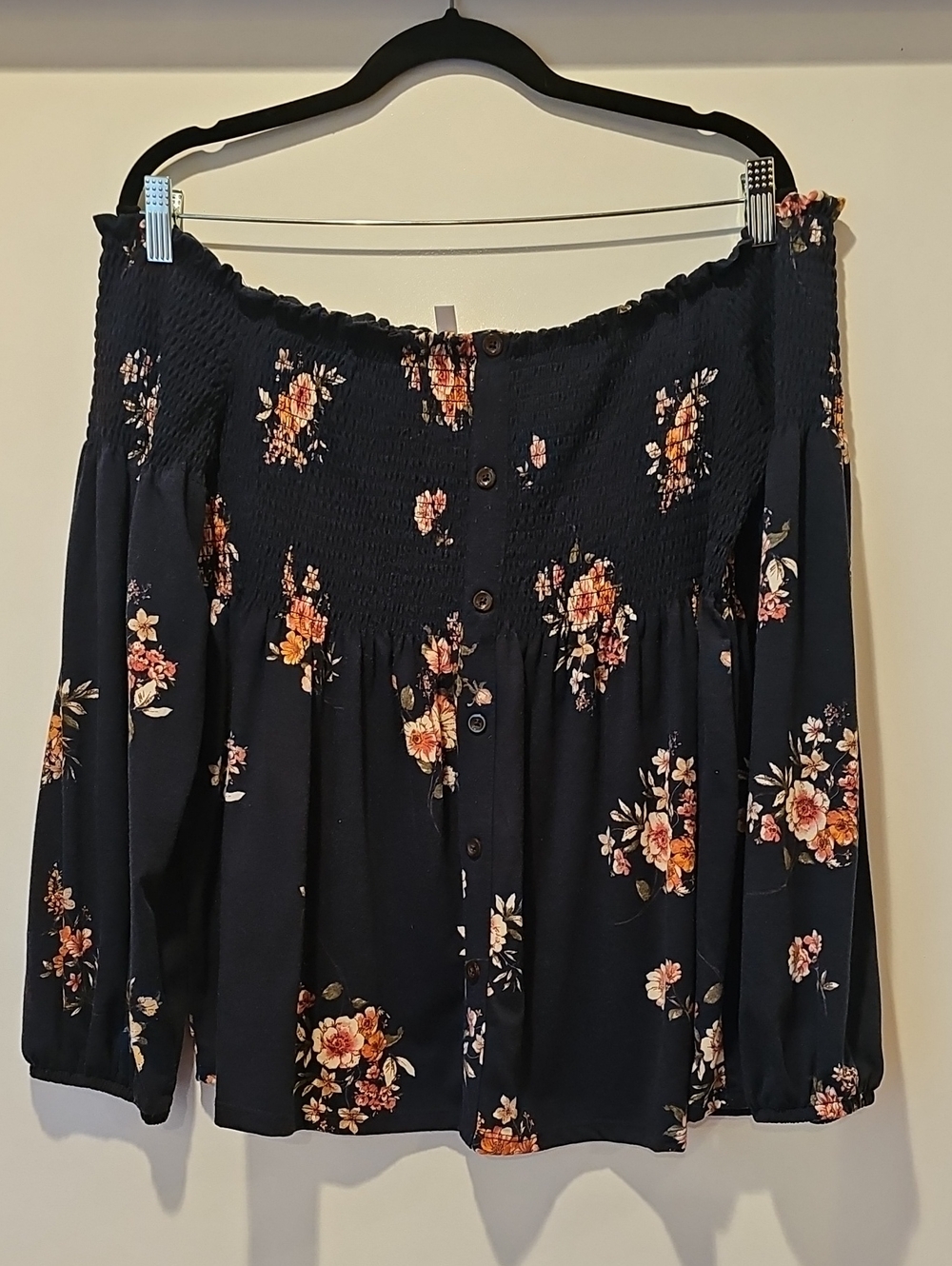 Xhilaration Navy Floral Off-Shoulder Button-Front Blouse